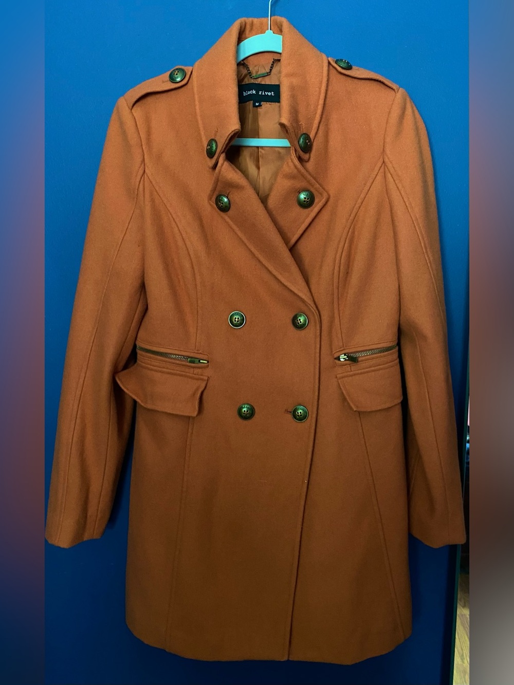 Black Rivet Double-Breasted Rust Orange Wool Pea Coat